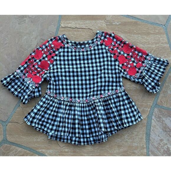 $148 Anthropologie Pankaj Nidhi Gingham Embroidered Top Size Small - Picture 2 of 4